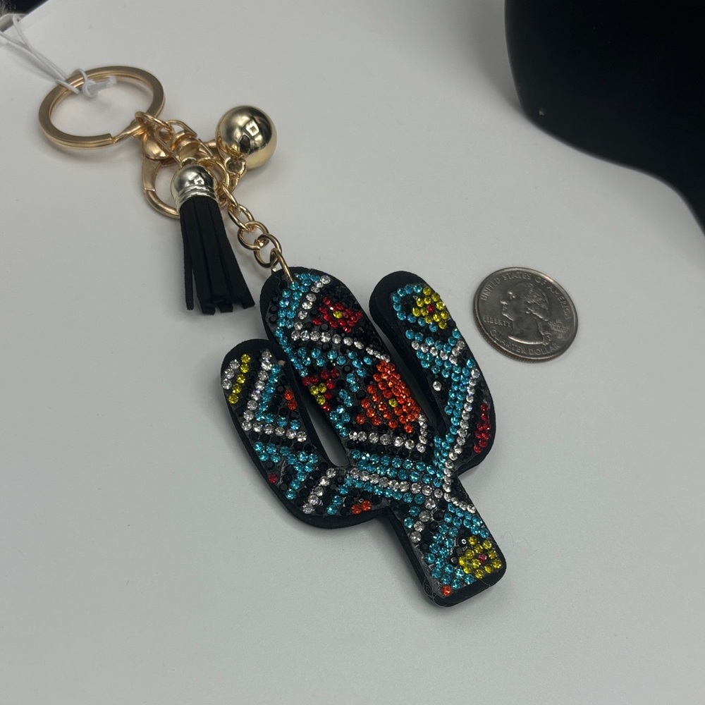 Crystal Cactus Keychain Bag Charm - Black Multicolor